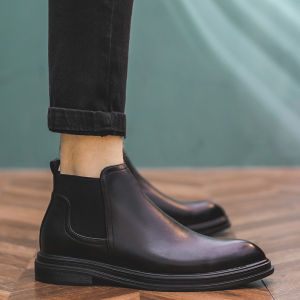 Business Formal High-Top Mens Martin Boots Chelsea BootsWith FleeceLined British Style Autumn Winter Leather Shoes Pointed Toe Short Boots