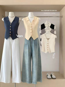 Summer New Style Womens Knitted Vest Sleeveless V-Neck Slim Fit Base Layer Turn-down Collar Top Fashionable Commute Pure Desire