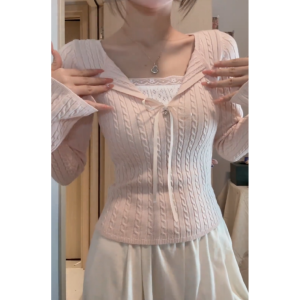 YUEZHONGWEI | French V-Neck Lace Spliced Pink Knitted Sweater