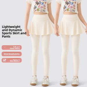 MiiOW | Kids Shark Skin Pants High Elastic Quick Dry Spring Autumn Sports Bottoming Long Trousers Fake Two-Piece Fashionable Skirt Pants For Girls