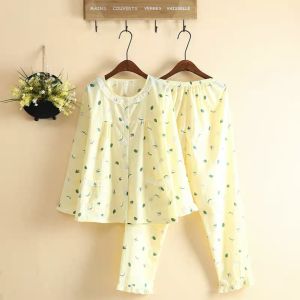 Japanese Cute Strawberry Thin Long Sleeves Pajamas Womens Spring and Summer Woven Washed Cotton Pajamas Home Wear Suit