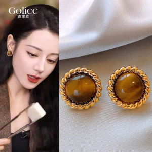 Unique round Tiger Eye Stone Earrings Womens Fashionable Twist Edge Luxury Feelings Personality Hoops Earrings Golicc Brand