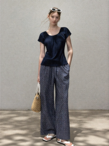 Cantonstory | Vintage Blue Check High Waist Wide Leg Trousers