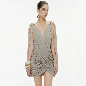 French V-Neck Wrinkled Sleeveless Fitted Slim Bodycon Mini Dress