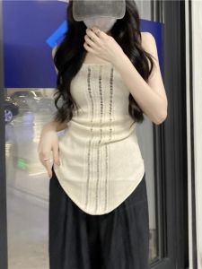 2025 American Style Hot Girl Hollow out Knitted Tube Top Women Summer Slimming Mid-Length Outerwear Shirt