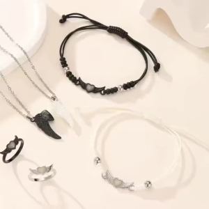 Luminous Heart And 3D Wing Couple Necklace Ring Bracelet Set for Women Fashionable 6-Piece Jewelry Combo