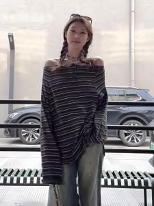 Korean Style Long Sleeve Shoulder Bared Striped T Shirt Women Early Autumn New Fashion Loose Fit Street Style Casual Top