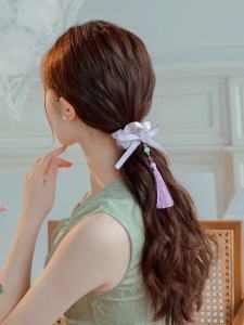 Silk Printed Large Bow Knot Hair Ties with Fringe Butterfly Knot Satin New Style Traditional Chinese National Trend Hair Accessories