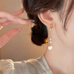 Golden Pearl Tassel Long Earrings Women Unique Beautiful Ear Studs New Popular Fashion Jewelry Accessories
