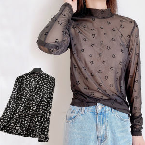 Áo Thun Cổ Đứng Tay Dài Mỏng Bằng Vải Lưới Thoáng Khí Mùa Hè Cho Nữ Áo Thun Chống Nắng Thường Ngày Họa Tiết Hoa Hình Học Cổ Điển