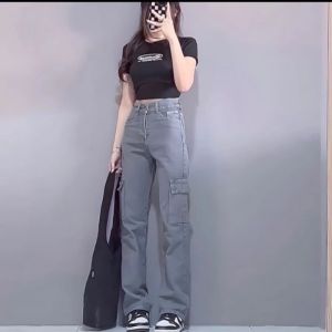 Celana Baggy Pants Loose Jeans Wanita HighWaist Denim Coullote Trousers