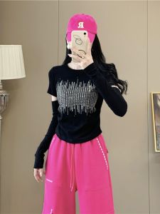 Slim Fit Short Sleeve Long T-Shirt Womens Early Autumn New Style Dance Base Shirt Trendy Geometric Pattern Cotton Polyester Blend