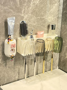 Toothbrush Rack Punch-Free Tooth Cup Gargle Cup Wall-Mounted Rack Wall-Mounted Bathroom Electric Family Set