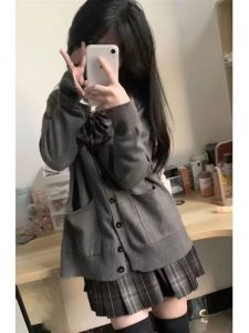 Sweet College Style Pure Color Sweater Girls School Sense of Supply Loose Easiest for Match Pure Color Long Sleeves V-neck Knitted Cardigan JK Suit