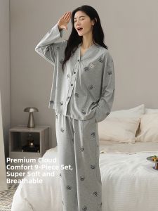 MiiOW | Womens Pure Cotton Sleepwear Long Sleeve Loose Comfortable Cute Style Home Clothes Set V-neck Cardigan Long Pants Autumn 2025