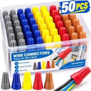 50Pcs Screw On Wire Nut Assortment Insulated Heat Resistant Twist Connectors for Home Electrical Repair Crimp Tool