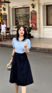 Đầm thiết kế BEMINE cổ sen phối sọc tùng váy dáng chữ A phù hợp đi làm-B122