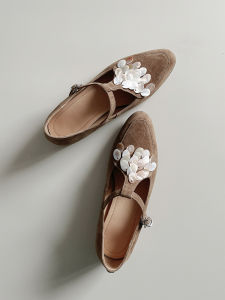 Cloud Mother Shell Shoes French Mary Janes Mermaid Womens Grape Pink Single Shoes Sweet T-strap Low Heel Daily Wear Sheep Suede