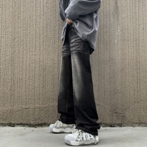 Retro Gradient Dyed Black Jeans Mens Trendy Straight Leg Washed Handsome High Street Micro Flared Long Pants Wide Leg