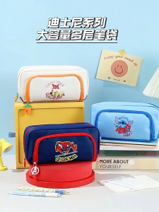 เครื่องเขียนของ Disney Disney Disney Disney กระเป๋าเก็บของเด็กประถมสไปเดอร์แมนความจุขนาดใหญ่สองชั้นกล่องดินสอกระเป๋าเครื่องเขียนแบบพกพาสำหรับเด็ก
