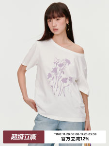 Omont Egg Tart Home Vintage Shoulder Print Short Sleeve T-Shirt Loose Casual off Shoulder Slimming Top Cotton Polyester Blend Spring 2025