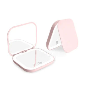 Compact Mini Gift Vanity Folding Cosmetic Mirror with Lights Portable Hand Held Small Pocket Travel Makeup Mirror 2X magnifying