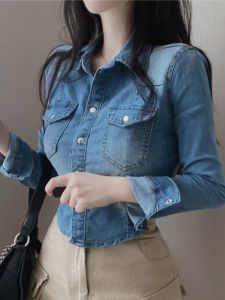 Fall South Korea Chic French Vintage Single-Breasted Lapel and Waist Tight Slimming and Short Denim Shirt Jacket Tops Women