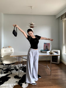 Cherry Printed Loose Knitted Straight Leg Pants Micro Plump Cute Kitty Pattern Elastic Waist Casual Trousers for Women