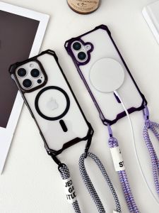 เคสโทรศัพท์แม่เหล็กแบบโปร่งใสสำหรับ iPhone 16 pro พร้อมสายสะพายข้างแบบสะพายข้างสำหรับผู้หญิง ขอบสีสันสดใส ป้องกันการตกหล่น
