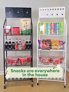 HOMEBLOOM 3/4/5-Tier Supermarket Snack Shelf Beverage Snack and Toy Display Rack Convenience Store Multi-Tier Shelving Commercial Supermarket Display Rack Freestanding Snack/Medicine Storage Rack with Wheels