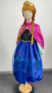 Anna Blue Dress with Red Cape Costume Set Braided Wig Crown Snowflake Wand Gloves for Girls Halloween Party Cosplay Outfit