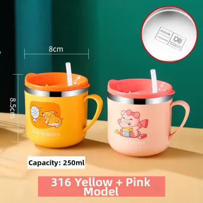 316 Stainless Steel Baby Milk Cup with Lid Straw Cup Drinking Water Cup Marked Learning to Drink Cup Cute Animal Cartoon Pattern
