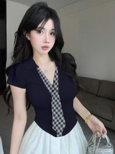 GUZILIAN | Summer Slim Fit V-Neck Short Sleeve T-Shirt Top With Pleated Half Skirt Set Korean Style Commute Casual A-Line Dress