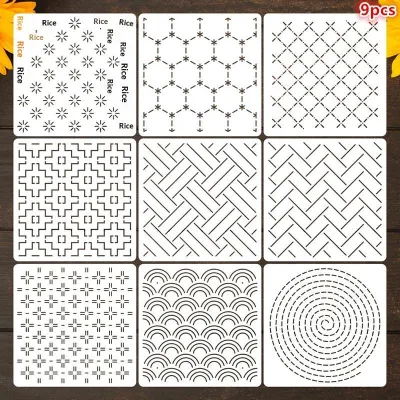 【8/9/24/32Pcs Sashiko DIY Embroidery Patterns Templates Reusable Sewing Stencils Geometric Line Quilting Template】