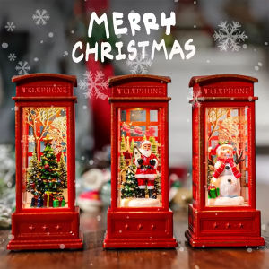 Christmas Phone Booth Decoration with Santa Claus Snowman & Tree - Red Retro Telephone Booth Ornament With Light Home Decorator