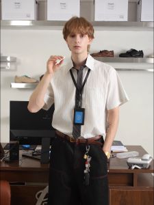 Boogoovogue Cleanfit Original Pure Cotton Wide Necktie Integrated Short Sleeve Shirt Breathable Summer Mens Fashion