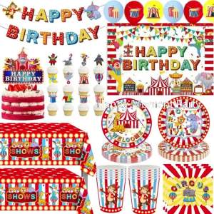 Miniso | Circus Clown Birthday Party Decoration Tableware Tablecloth Cup Plate Napkin Cake Topper Circus Carnival Party Favors Supplies