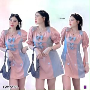 P15163 เดรสแขนพองอกติดโบว์