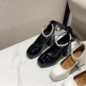 Pearl Square Toe Thick high Heel Single Shoes Women 2023 Korean shoes for women