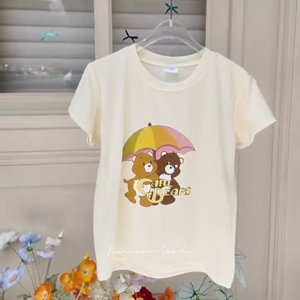 1-12 ปี เสื้อยืดสีฟ้า เสื้อยืดเด็กผู้หญิง เสื้อยืดสีฟ้า ลายการ์ตูน ผ้านุ่ม สัมผัสเบาสบาย วันแม่