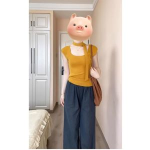 HUOLISI | Elegant French Style Square Necktie Design Body Slimming Womens Short Sleeve Shirt
