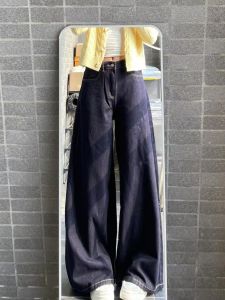 Deep Blue Vintage Denim High Waist Wide Leg Floor Length Womens Jeans Casual Style Loose Fit Trousers for Tall People