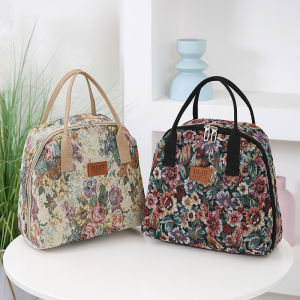 Retro Canvas Handbag with Thermal Layer And Lunch Box Storage Bag for Working Mothers Oil Painting Style Portable Bento Bag