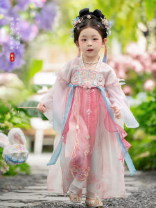 Cute Peach Princess Dress Childrens Traditional Hanfu Clothing Pink Short Sleeve Summer Fashionable Kids Tang Suit