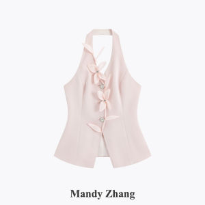 Customized Series Pink Viscose Beaded Floral Design Halter Sleeveless Top