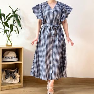 ●ECLAIRE● 026 Dress Maksi Maxi Vneck Lengan Flared Motif Kotak-kotak Square Geometris Gingham Kasual Casual Korea Mode Modis 1378