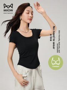 Miiow | Slim Fit Short Sleeve T-Shirt Womens Black Shoulder Cat Person 2025 New Summer Outwear With Chest Pad Lyocell Fiber Moisture Wicking