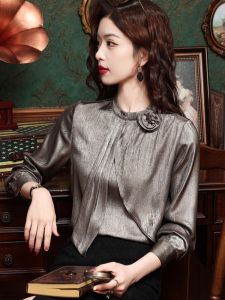 Fashionable Womens Long Sleeve Chiffon Shirt Stand Collar Base Layer Top OL Professional Clothing Spring 2024 Loose Fit Silk Blend