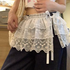 กระโปรงสั้นผ้าลูกไม้สไตล์บัลเล่ต์สีขาว กระโปรงสั้นผ้าเดนิมผูกโบว์สไตล์เกาหลีสำหรับผู้หญิงในฤดูใบไม้ผลิและฤดูร้อน