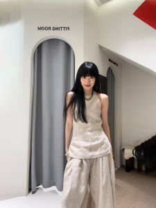 French Waist-Cinching Linen Set Women Summer Shoulder-Bared Neck Hanging Sleeveless Vest Loose Floor-Length High Waist Wide Leg Pants Two-Piece Set